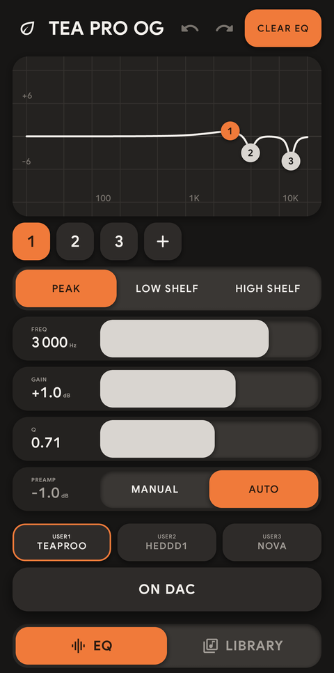 Contour EQ page on a FiiO KA15: a PEAK at 3 kHz, AUTO preamp, USER1-3 slot names, ON DAC